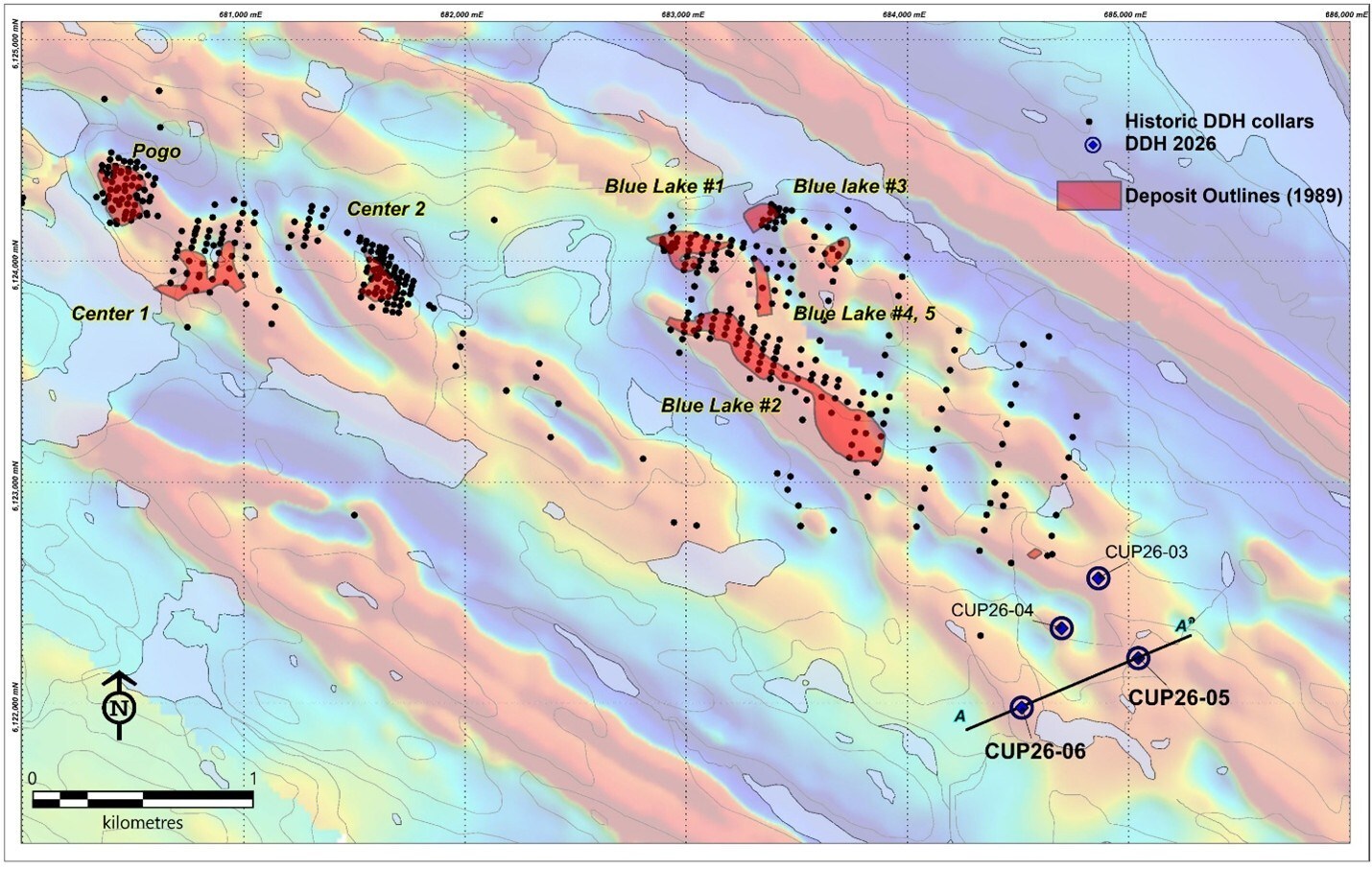 Figure 1: Localisation map of the Blue lake mineralised lenses and 2026 DDH location over the 2011 CVG shaded aeromagnetic map. (CNW Group/Cupani Metals Corp.) Figure 1: Localisation map of the Blue lake mineralised lenses and 2026 DDH location over the 2011 CVG shaded aeromagnetic map. (CNW Group/Cupani Metals Corp.)