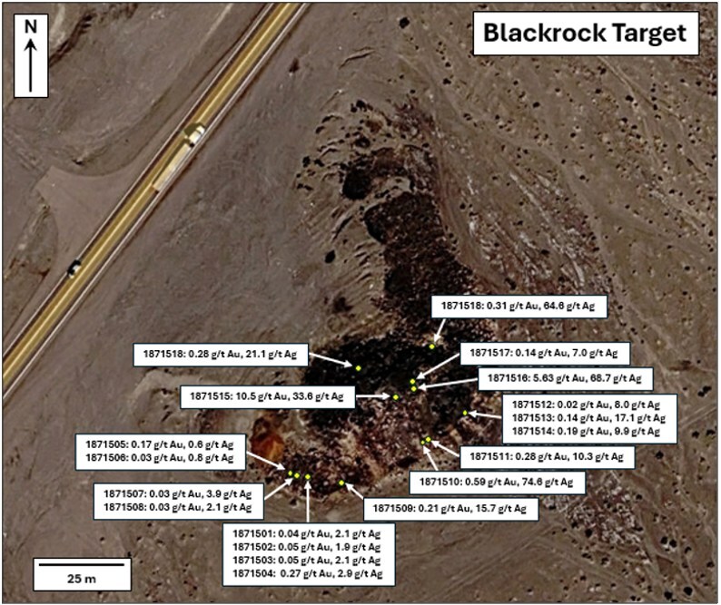 Zoomed in plan map of the Blackrock Target outcrop with channel sample locations and grades (CNW Group/A2 Gold Corp) Zoomed in plan map of the Blackrock Target outcrop with channel sample locations and grades (CNW Group/A2 Gold Corp)
