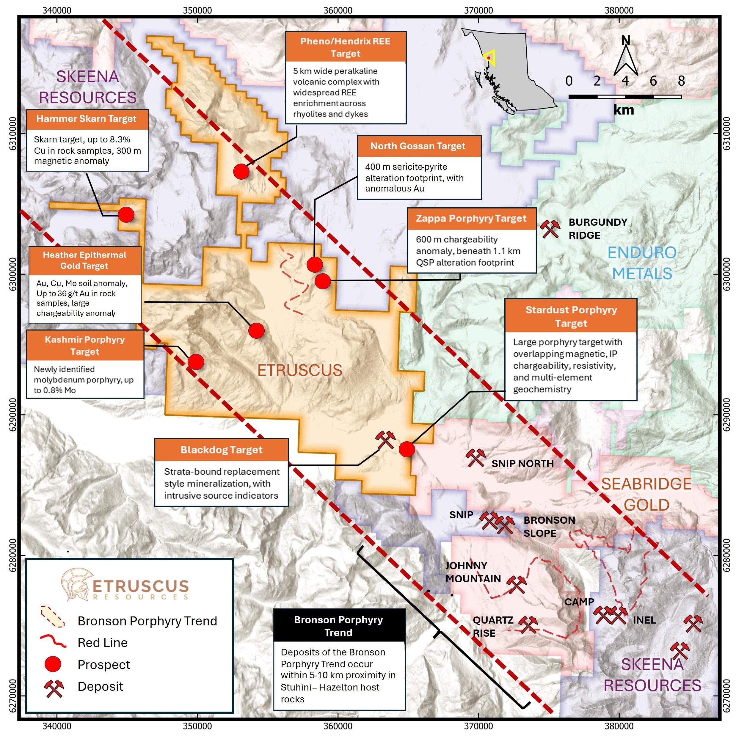 Figure 1. Regional deposits and targets associated with the interpreted Bronson Corridor mineralized belt, showing Etruscus claims and neighbouring properties, along with primary porphyry-related targets on the Rock & Roll Property. (CNW Group/Etruscus Resources Corp.)