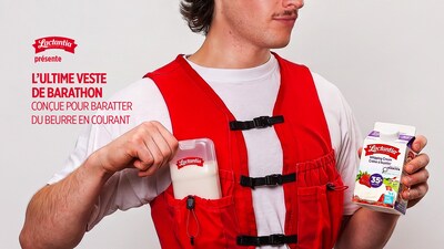 Lactantia participe à la tendance virale de la butter run avec L'ultime veste de barathon, un accessoire conçu sur mesure pour baratter son beurre en courant