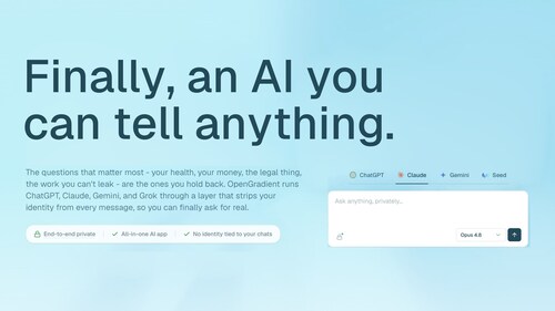 OpenGradient Chat is a privacy-focused AI app that routes to frontier text, image, and video models, through an anonymizing layer (local encryption, Oblivious HTTP, and secure enclaves) so your prompts are never linked to your identity.