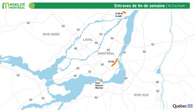 Entraves de fin de semaine, du 5 au 8 juin (Groupe CNW/Ministère des Transports et de la Mobilité durable) Entraves de fin de semaine, du 5 au 8 juin (Groupe CNW/Ministère des Transports et de la Mobilité durable)