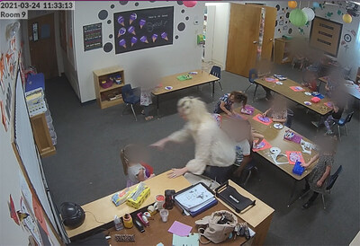 Surveillance footage captured a preschool teacher at Trinity Lutheran School in San Angelo, Texas, lunging at a 4-year-old girl, per a lawsuit filed by the preschooler's family and The Button Law Firm.