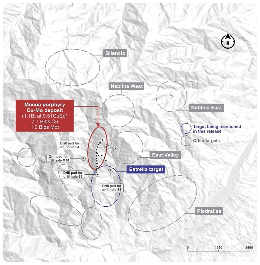 Figure 5. Plan view of the Mocoa porphyry Cu-Mo deposit and surrounding exploration targets. Black dots represent drill pads. The location of historical hole M14, where the Western Breccia was first recognized, is also shown. (CNW Group/COPPER GIANT RESOURCES CORP.) Figure 5. Plan view of the Mocoa porphyry Cu-Mo deposit and surrounding exploration targets. Black dots represent drill pads. The location of historical hole M14, where the Western Breccia was first recognized, is also shown. (CNW Group/COPPER GIANT RESOURCES CORP.)