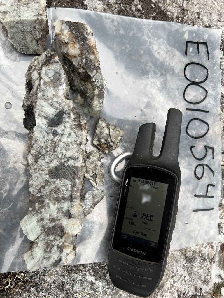 Grab sample E00105645 from Last Resort Pegmatite grading 4.36% Li2O (CNW Group/Rock Tech Lithium Inc.)