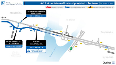Fermeture complète du tunnel en direction de la Rive-Sud durant la nuit du 25 au 26 juin (Groupe CNW/Ministère des Transports et de la Mobilité durable) Fermeture complète du tunnel en direction de la Rive-Sud durant la nuit du 25 au 26 juin (Groupe CNW/Ministère des Transports et de la Mobilité durable)