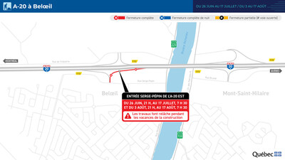 Fermeture de la bretelle menant de la rue Serge-Pepin à l’autoroute 20, en direction est, à Beloeil. (Groupe CNW/Ministère des Transports et de la Mobilité durable)