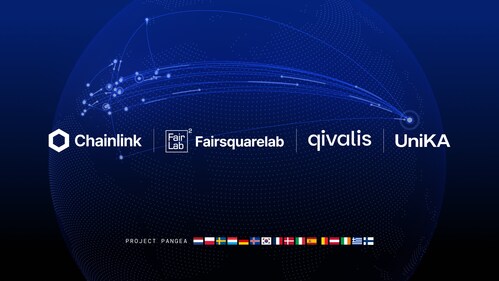 Project Pangea graphic from the June 23, 2026 Chainlink, UniKA and Qivalis announcement on EUR and KRW stablecoin FX settlement.