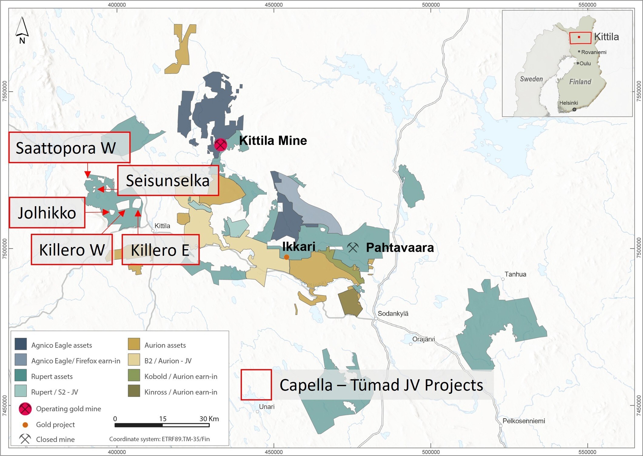 Figure 1. Location map of the Capella-Tümad JV projects in Northern Finland (Killero E, Killero W, Jolhikko, Seisunselka, Saattopora W), together with the project areas acquired by Agnico as part of its consolidation of the Central Lapland Greenstone Belt. https://www.agnicoeagle.com/English/news-and-media/news-releases/news-details/2026/AGNICO-EAGLE-TO-CONSOLIDATE-FINLANDS-CENTRAL-LAPLAND-GREENSTONE-BELT-IN-THREE-SEPARATE-TRANSACTIONS/default.aspx (CNW Group/Capella Minerals Limited) Figure 1. Location map of the Capella-Tümad JV projects in Northern Finland (Killero E, Killero W, Jolhikko, Seisunselka, Saattopora W), together with the project areas acquired by Agnico as part of its consolidation of the Central Lapland Greenstone Belt. https://www.agnicoeagle.com/English/news-and-media/news-releases/news-details/2026/AGNICO-EAGLE-TO-CONSOLIDATE-FINLANDS-CENTRAL-LAPLAND-GREENSTONE-BELT-IN-THREE-SEPARATE-TRANSACTIONS/default.aspx (CNW Group/Capella Minerals Limited)