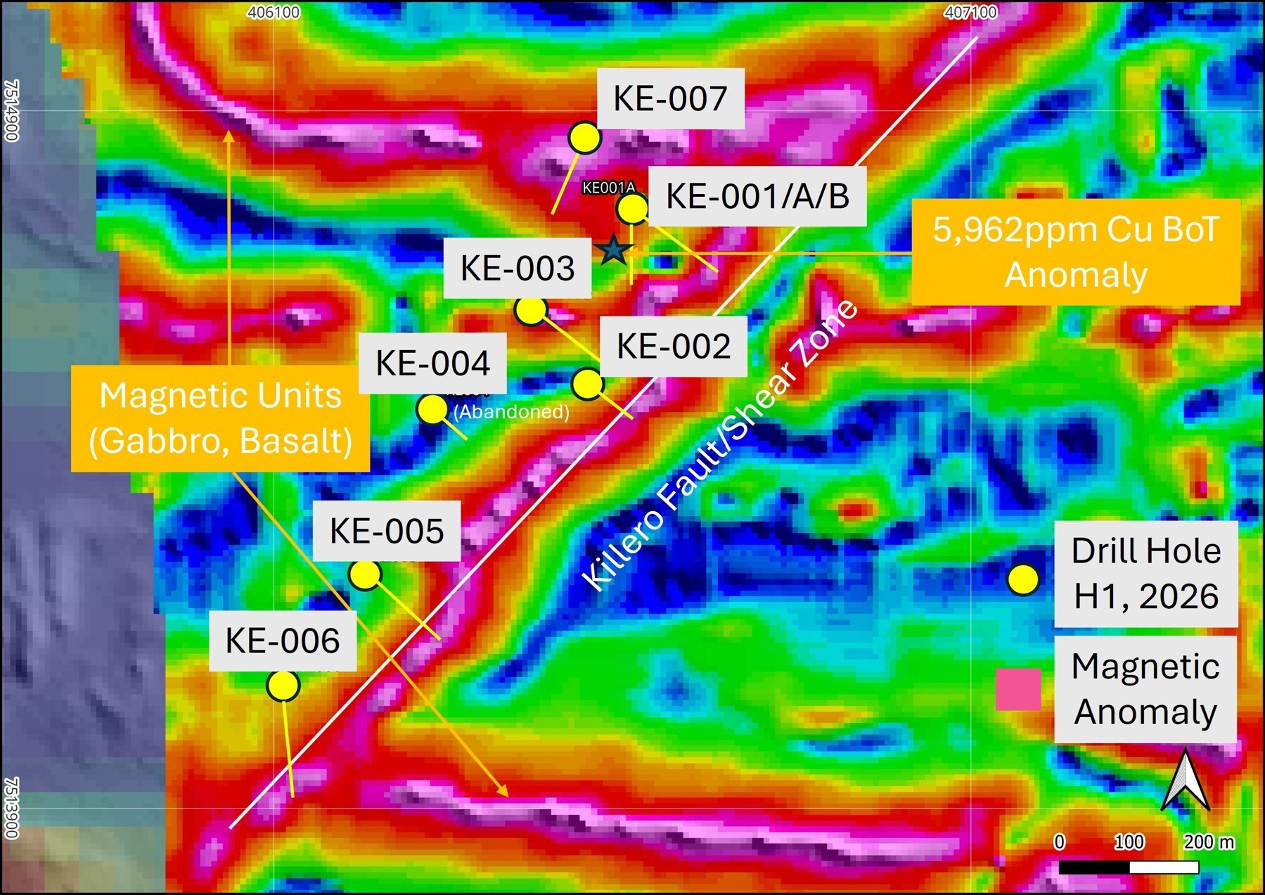 Figure 2. Locations of diamond drill holes at Killero E and the peak historical BoT copper value, all overlain on the Company’s high resolution drone magnetic data. Magnetic “highs” are all associated with either fine grained meta-gabbro or mafic meta-volcanic rock units. (CNW Group/Capella Minerals Limited) Figure 2. Locations of diamond drill holes at Killero E and the peak historical BoT copper value, all overlain on the Company’s high resolution drone magnetic data. Magnetic “highs” are all associated with either fine grained meta-gabbro or mafic meta-volcanic rock units. (CNW Group/Capella Minerals Limited)