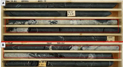 Figure 4. Quartz-carbonate-sulfide veining in KE-006. A) 59-60m and B) 114-115m. NQ core. (CNW Group/Capella Minerals Limited) Figure 4. Quartz-carbonate-sulfide veining in KE-006. A) 59-60m and B) 114-115m. NQ core. (CNW Group/Capella Minerals Limited)