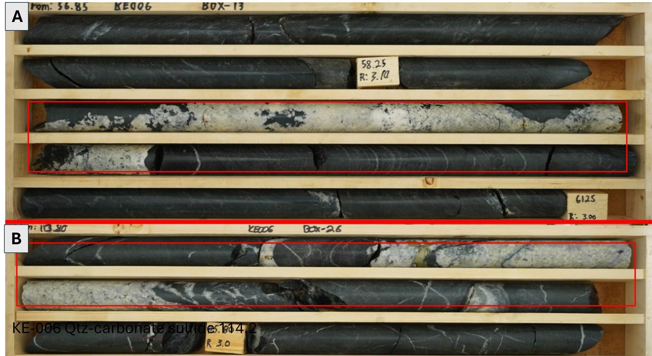 Figure 4. Quartz-carbonate-sulfide veining in KE-006. A) 59-60m and B) 114-115m. NQ core. (CNW Group/Capella Minerals Limited) Figure 4. Quartz-carbonate-sulfide veining in KE-006. A) 59-60m and B) 114-115m. NQ core. (CNW Group/Capella Minerals Limited)