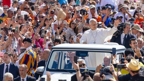 Pope Leo XIV rides through St. Peter's Square in Vatican City on June 24, 2026, in a photo captured by EWTN's papal photographer Daniel Ibáñez, who recently won 