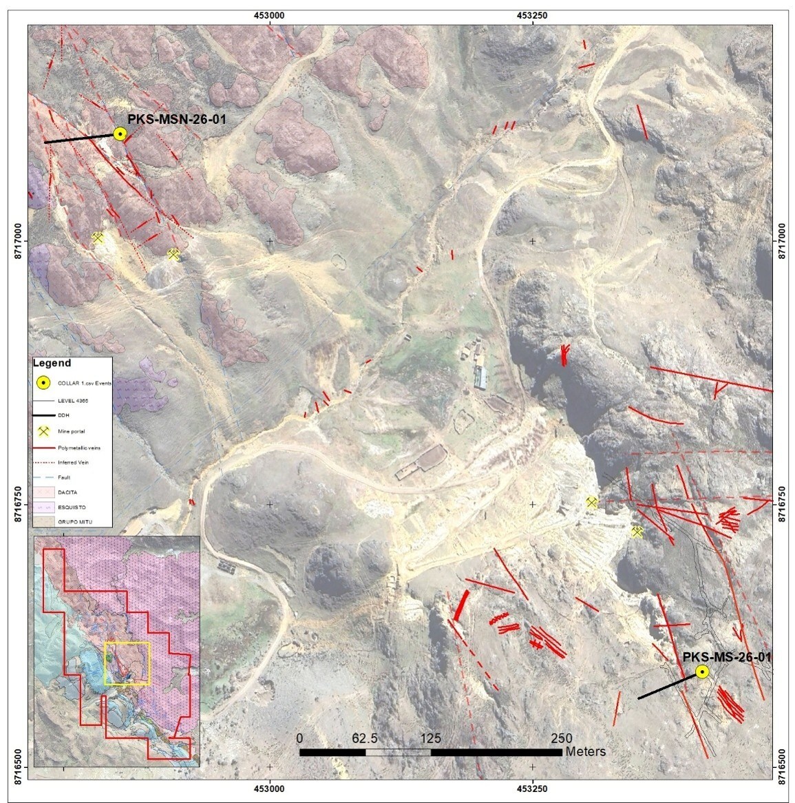 FIGURE 1 – Plan View: Madre Sierra and Madre Sierra Norte - Plan view showing the collars and traces of PKS-MS-26-01 and PKS-MSN-26-01 relative to the Veta NN and Veta Viviana structures at Madre Sierra and the NN 1, NN 2, NN 3 and Leydi structures at Madre Sierra Norte. (CNW Group/Titiminas Silver Inc) FIGURE 1 – Plan View: Madre Sierra and Madre Sierra Norte - Plan view showing the collars and traces of PKS-MS-26-01 and PKS-MSN-26-01 relative to the Veta NN and Veta Viviana structures at Madre Sierra and the NN 1, NN 2, NN 3 and Leydi structures at Madre Sierra Norte. (CNW Group/Titiminas Silver Inc)