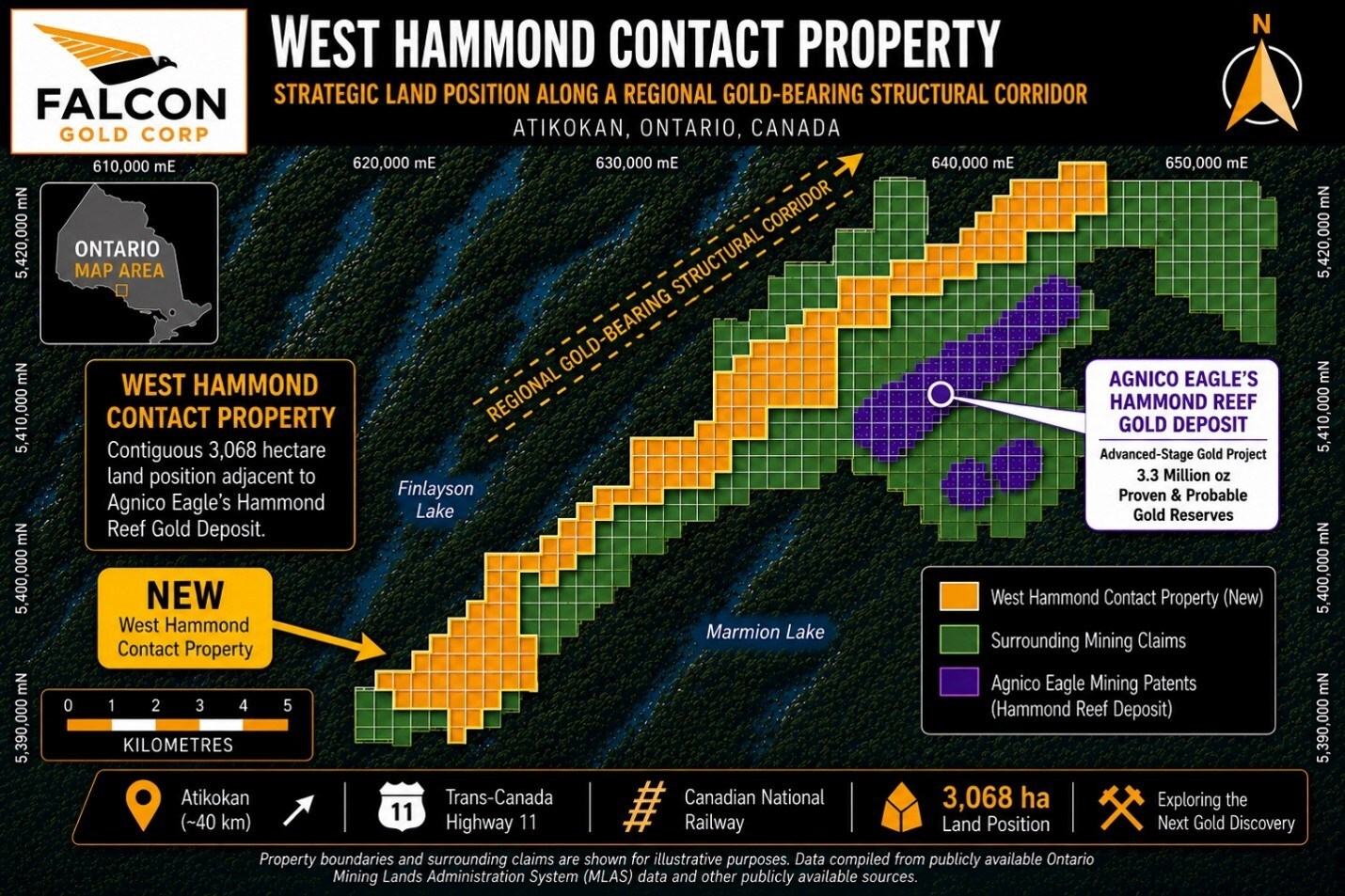 Figure 1. Location of Falcon Gold’s West Hammond Contact Property relative to the Hammond Reef Gold Deposit within the Atikokan – Hammond Reef Gold District, Northwestern Ontario, Canada. (CNW Group/Falcon Gold Corp.) Figure 1. Location of Falcon Gold’s West Hammond Contact Property relative to the Hammond Reef Gold Deposit within the Atikokan – Hammond Reef Gold District, Northwestern Ontario, Canada. (CNW Group/Falcon Gold Corp.)