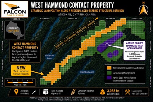 Figure 1. Location of Falcon Gold’s West Hammond Contact Property relative to the Hammond Reef Gold Deposit within the Atikokan – Hammond Reef Gold District, Northwestern Ontario, Canada. (CNW Group/Falcon Gold Corp.)