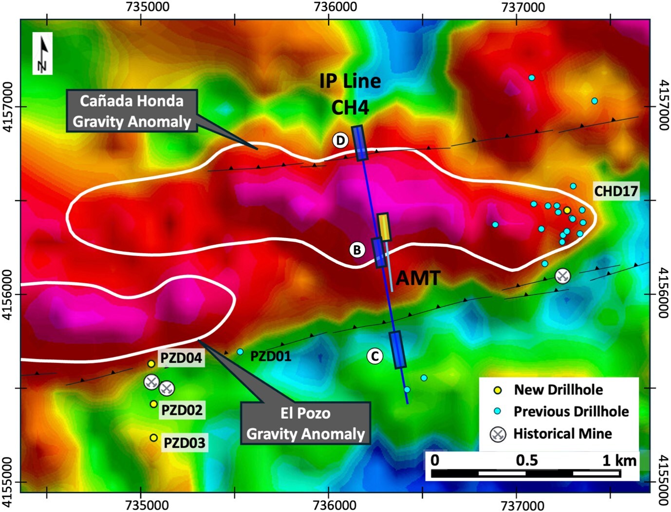 Figure 2 – Cañada Honda and El Pozo gravity anomalies showing SQUID IP and AMT anomalies and drillhole locations (see Figure 3) (CNW Group/Pan Global Resources Inc.) Figure 2 – Cañada Honda and El Pozo gravity anomalies showing SQUID IP and AMT anomalies and drillhole locations (see Figure 3) (CNW Group/Pan Global Resources Inc.)