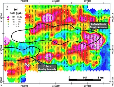 Figure 4 – Soil gold geochemistry and priority target areas across the Cañada Honda and El Pozo corridor