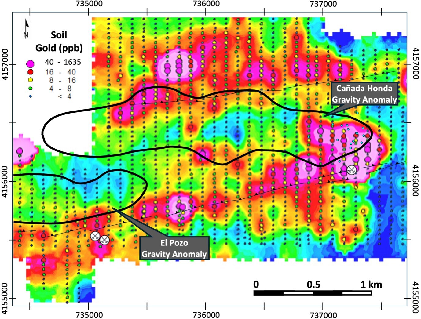 Figure 4 – Soil gold geochemistry and priority target areas across the Cañada Honda and El Pozo corridor (CNW Group/Pan Global Resources Inc.) Figure 4 – Soil gold geochemistry and priority target areas across the Cañada Honda and El Pozo corridor (CNW Group/Pan Global Resources Inc.)