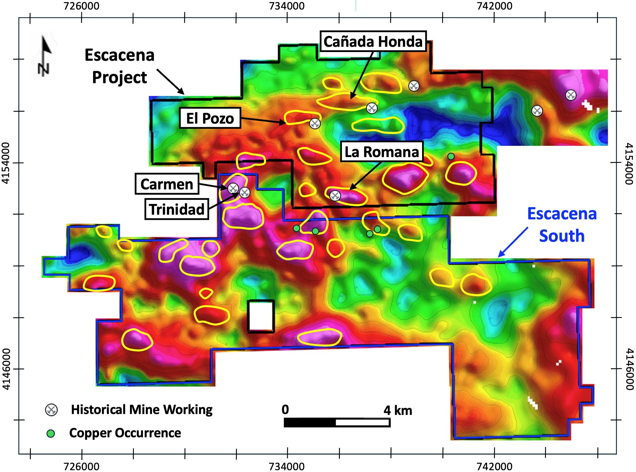 Figure 1 – Escacena Project gravity anomaly map showing Cañada Honda, La Romana, Escacena South (expanded) and priority exploration targets (CNW Group/Pan Global Resources Inc.) Figure 1 – Escacena Project gravity anomaly map showing Cañada Honda, La Romana, Escacena South (expanded) and priority exploration targets (CNW Group/Pan Global Resources Inc.)
