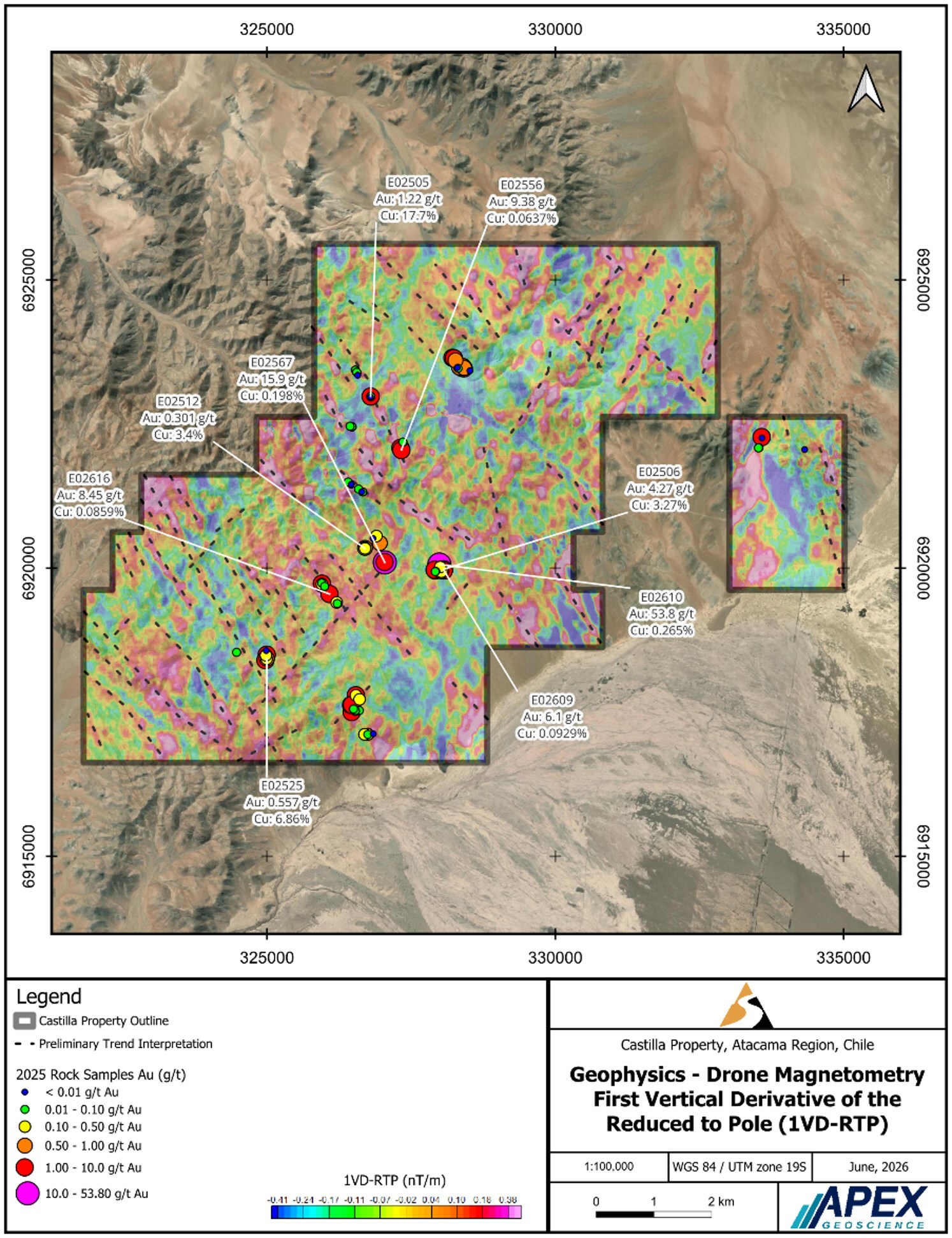 Figure 1. Drone magnetometry 1VD-RTP over Castilla with 2025 gold grades overlain. The highest-grade samples cluster where northwest–southeast and northeast structural trends intersect, consistent with Atacama IOCG systems. (CNW Group/Super Copper Corp.) Figure 1. Drone magnetometry 1VD-RTP over Castilla with 2025 gold grades overlain. The highest-grade samples cluster where northwest–southeast and northeast structural trends intersect, consistent with Atacama IOCG systems. (CNW Group/Super Copper Corp.)