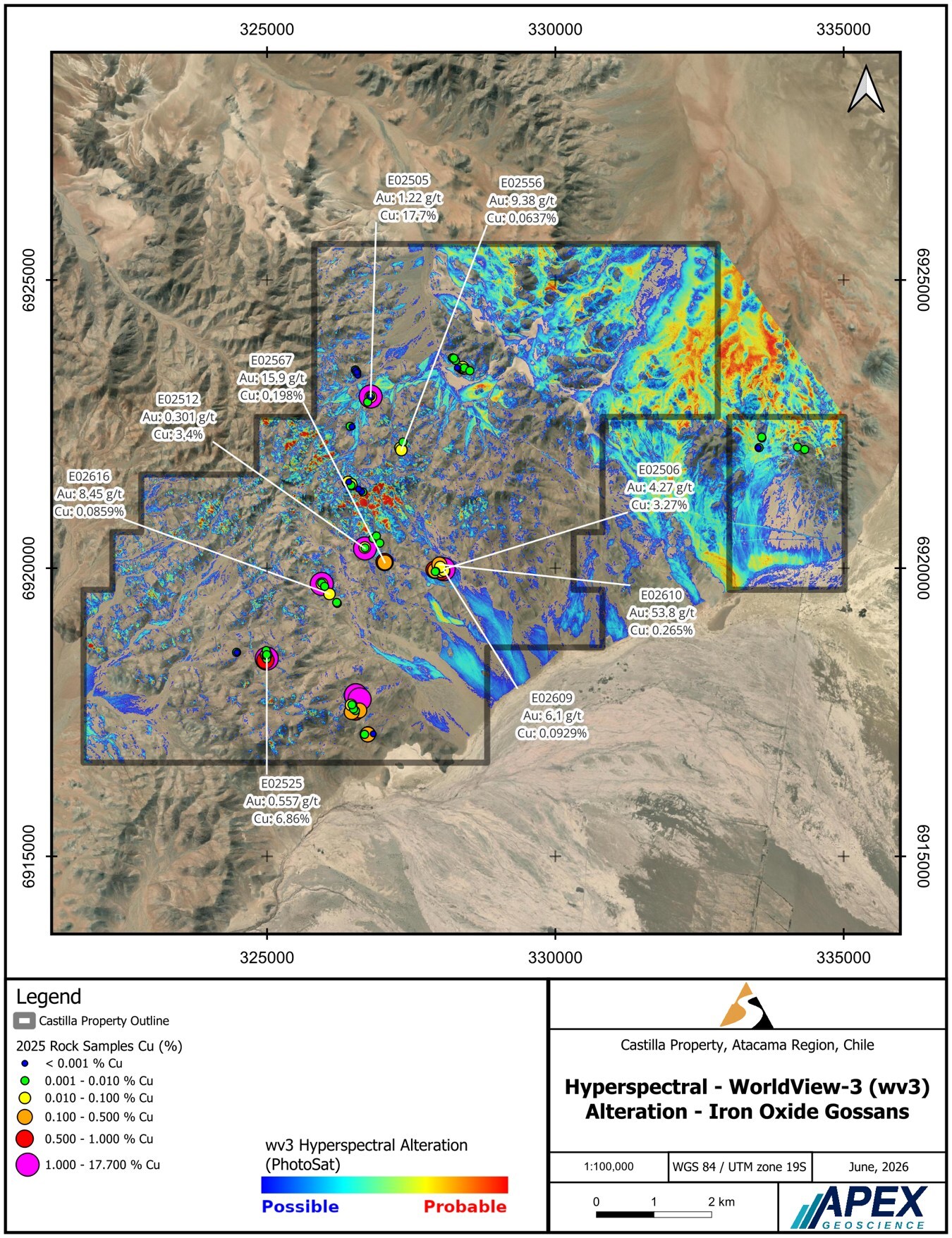Figure 2. WorldView-3 hyperspectral iron-oxide / gossan mapping (PhotoSat) over Castilla with 2025 rock-sample copper grades overlaid, including the 17.7% Cu IOCG-core sample (E02505) in north-central Castilla. The northeastern gossan target again stands out in warm colours, in ground not covered by the 2025 sampling program. (CNW Group/Super Copper Corp.) Figure 2. WorldView-3 hyperspectral iron-oxide / gossan mapping (PhotoSat) over Castilla with 2025 rock-sample copper grades overlaid, including the 17.7% Cu IOCG-core sample (E02505) in north-central Castilla. The northeastern gossan target again stands out in warm colours, in ground not covered by the 2025 sampling program. (CNW Group/Super Copper Corp.)