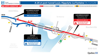 Fermetures du tunnel durant la fin de semaine du 3 juillet (Groupe CNW/Ministère des Transports et de la Mobilité durable) Fermetures du tunnel durant la fin de semaine du 3 juillet (Groupe CNW/Ministère des Transports et de la Mobilité durable)