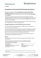 Completion of the Peak Hill Gold Project Divestment