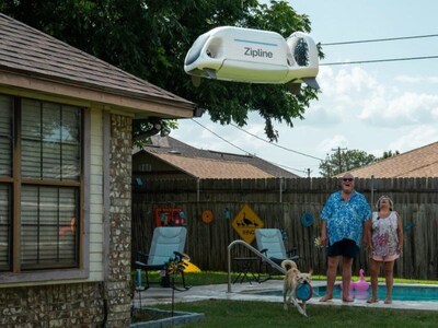 A Zipline autonomous drone makes a residential delivery. BayCare’s new partnership with Zipline will use this technology to expand health care access across the region.