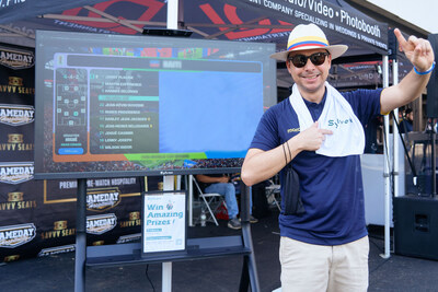 Sylvox outdoor TVs on display at a fan tailgate near MetLife Stadium.