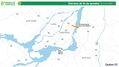 Entraves de fin de semaine, du 3 au 6 juillet (Groupe CNW/Ministère des Transports et de la Mobilité durable)