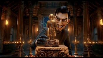 Vikram, the new villain in “IvyBears Chapter 3: The Stolen Idol,” steals a golden idol inside an ancient Indian temple (credit: IvyBears / Moontrail Animation Studios) Vikram, the new villain in “IvyBears Chapter 3: The Stolen Idol,” steals a golden idol inside an ancient Indian temple (credit: IvyBears / Moontrail Animation Studios)