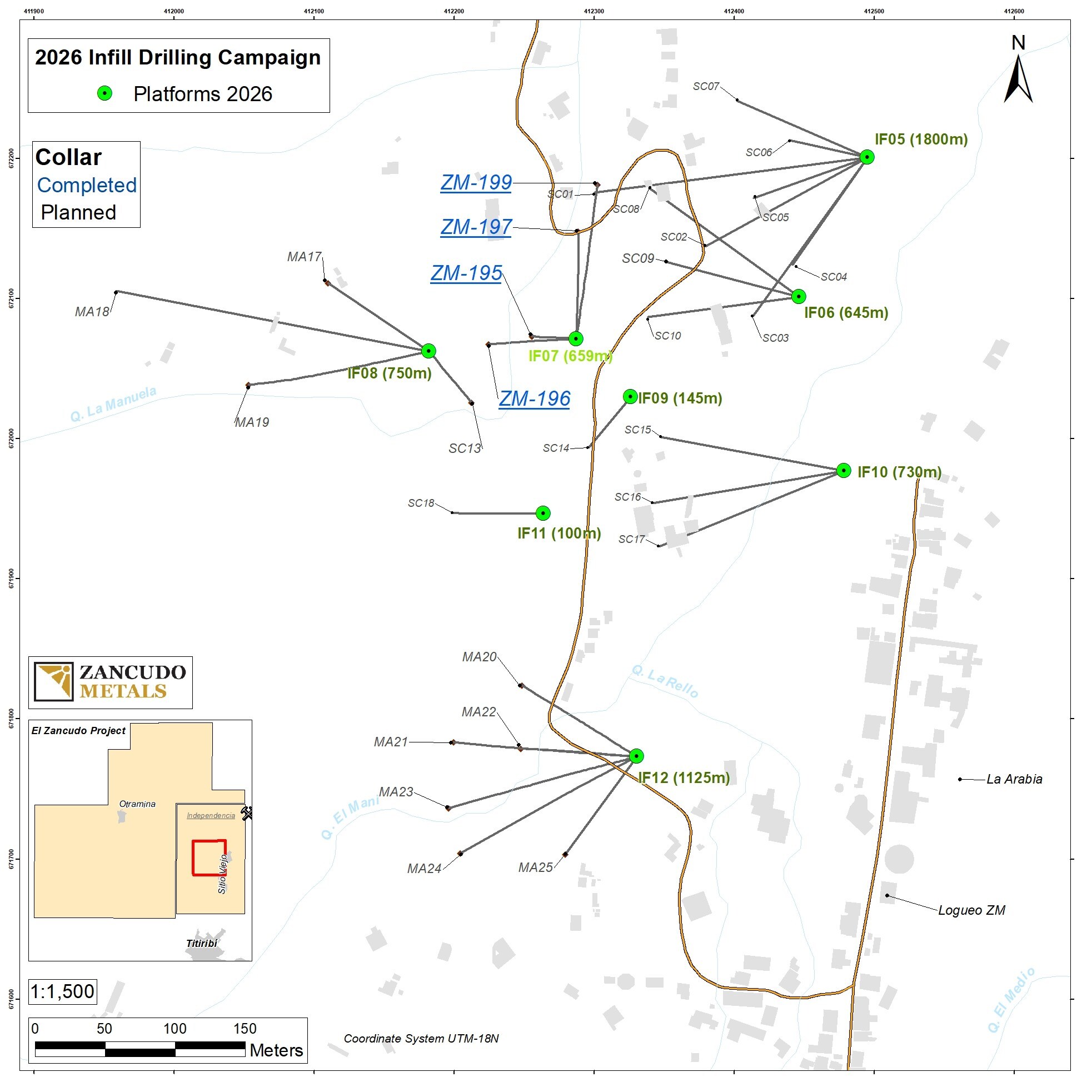 Attachment 1 – Map showing the location of the drill holes for the Las Brisas 2026 drilling campaign (CNW Group/Denarius Metals Corp.)