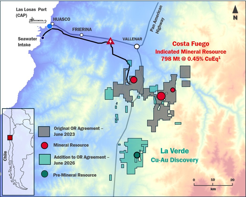 Figure 1. Location map of La Verde in relation to Costa Fuego, Huasco Valley, Chile. Hot Chili’s Costa Fuego tenement landholdings related to the Original OR royalty agreement shown in grey, and additions to the tenement holdings related to the new OR royalty agreement are shown in green. (CNW Group/Hot Chili Limited)