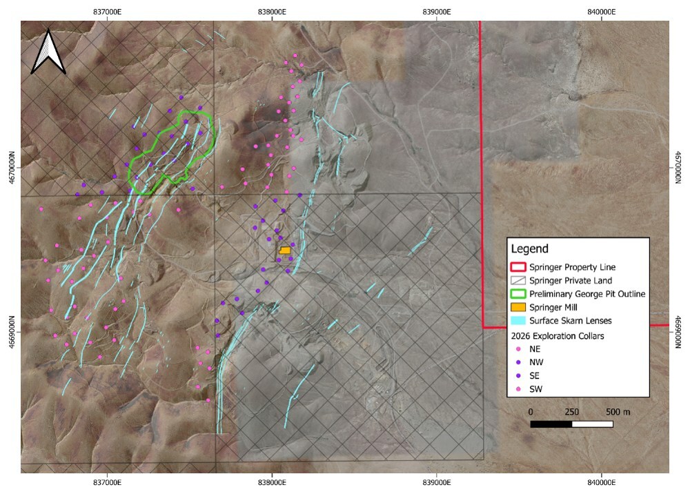 Figure 2. Collar location map by quadrant and land ownership, showing Blue Moon drill collars on private land (purple) and BLM unpatented lode claim land (pink). (CNW Group/Blue Moon Metals) Figure 2. Collar location map by quadrant and land ownership, showing Blue Moon drill collars on private land (purple) and BLM unpatented lode claim land (pink). (CNW Group/Blue Moon Metals)