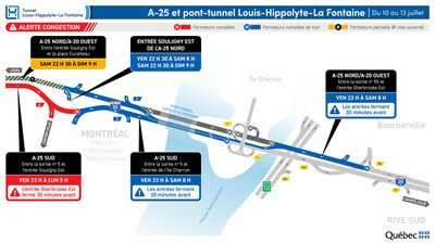 Fermetures sur l’autoroute 25, dans les deux directions, durant la fin de semaine du 10 juillet. (Groupe CNW/Ministère des Transports et de la Mobilité durable) Fermetures sur l’autoroute 25, dans les deux directions, durant la fin de semaine du 10 juillet. (Groupe CNW/Ministère des Transports et de la Mobilité durable)