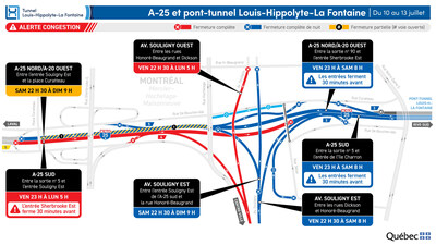 Fermetures sur l’autoroute 25, dans les deux directions, durant la fin de semaine du 10 juillet. (Groupe CNW/Ministère des Transports et de la Mobilité durable)