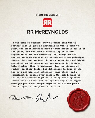 Letter from R.R. McReynolds Company announcing Firefox as Wrexham's new principal partner.