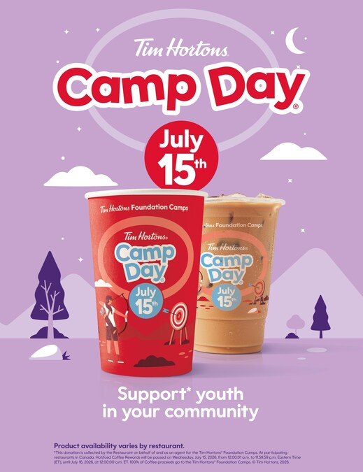 Tim Hortons® Camp Day® is back on July 15 with 100% of all hot and iced coffee proceeds donated* to Tim Hortons Foundation Camps!