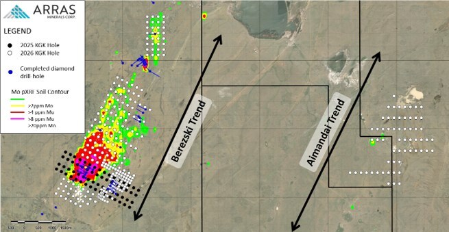 Figure 5: Completed Elemes KGK and diamond drill-holes overlain pXRF soil Molybdenum data. (CNW Group/Arras Minerals Corp.)