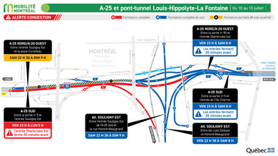 4. A-25 et pont-tunnel Louis-Hippolyte-La Fontaine, secteur Souligny, du 10 au 13 juillet (Groupe CNW/Ministère des Transports et de la Mobilité durable) 4. A-25 et pont-tunnel Louis-Hippolyte-La Fontaine, secteur Souligny, du 10 au 13 juillet (Groupe CNW/Ministère des Transports et de la Mobilité durable)