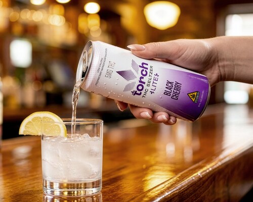 Torch Drinks Black Cherry 5mg THC seltzer poured over ice in a cocktail glass, highlighting Torch's premium hemp-derived THC beverages as an alternative to alcohol. Torch Drinks Black Cherry 5mg THC seltzer poured over ice in a cocktail glass, highlighting Torch's premium hemp-derived THC beverages as an alternative to alcohol.