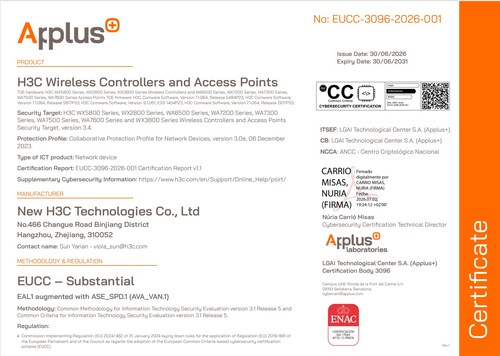H3C Wireless Controllers and Access Points achieve EUCC Substantial-level certification, demonstrating compliance with rigorous European cybersecurity standards H3C Wireless Controllers and Access Points achieve EUCC Substantial-level certification, demonstrating compliance with rigorous European cybersecurity standards