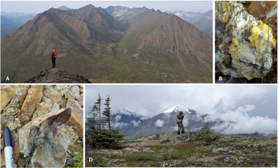 Figure 2 - Surface exploration mapping and sampling photographs from the 2026 summer field season.  A: Senior geologist Dr. Mike Sepp (PhD) at Island Mountain.  B: Sulfide stringers in vein quartz at Snow-Canyon Ridge.  C: Quartz vein with pyrite and minor chalcopyrite in central suture-line (characteristic porphyry-style ‘B-vein’) at Long Lake Hills.  D: Geologist Jared Liimu prospecting and mapping at Long Lake Hills. (CNW Group/U.S GoldMining Inc.)