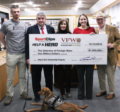 Sport Clips Haircuts donates record $1 Million to **VFW Help A Hero Scholarship Program. (L to R) Jeffrey Martin, Help A Hero Scholarship recipient; Brian Duffy, VFW National Commander; Martha England, Sport Clips Haircuts VP of Marketing; Amanda Palm, Sport Clips Haircuts Corporate Communications manager; Gordon Logan, founder and CEO of Sport Clips Haircuts.