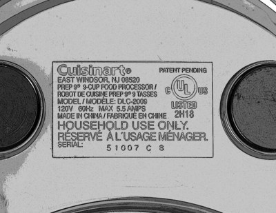 Rating Plate on Bottom of Recalled Cuisinart Food Processor with Riveted Blades