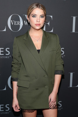 Ashley Benson chose mini Vera Wang LOVE chevron hoop earrings in white gold and a diamond and white gold princess cut drop pendant from the collection for the Vera Wang LOVE holiday event at Betony in New York City on December 7, 2016.