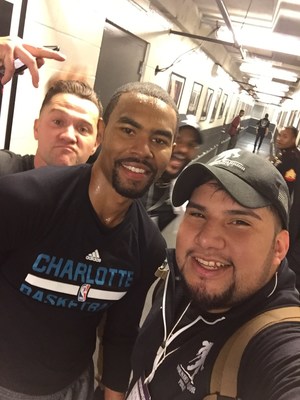 Wounded veterans take a selfie together at the Brooklyn Nets basketball game.