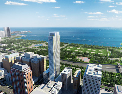 Aerial rendering of Essex of the Park, featuring views of Lake Michigan and Grant Park, courtesy of Oxford Capital Group / Hartshorne Plunkard Architecture
