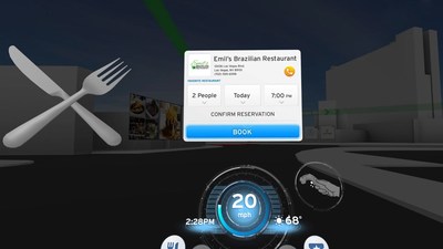 The Honda Dream Drive CES demo includes a VR experience where geotagged points of interest and content appear that users can interact with, such as a restaurant, with an option to make a reservation from the car.